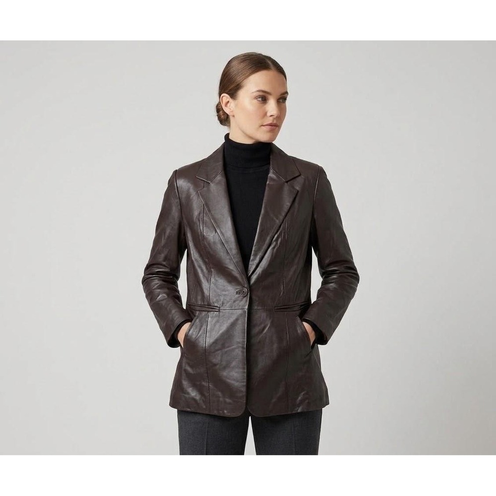 Denim & Co Leather Blazer Women Medium Brown Single Button Long Sleeve Jacket